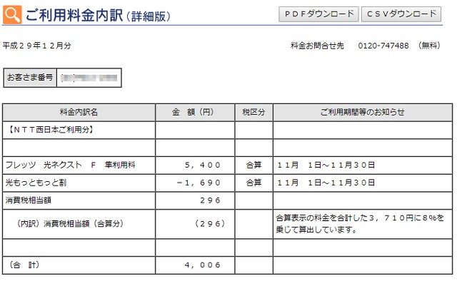 NTT西日本の「光もっと2割」をいれた月額の請求書